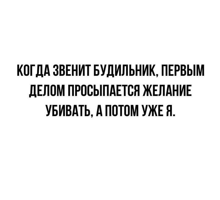 КОГДА ЗВЕНИТ БУДИЛЬНИК, ПЕРВЫМ ДЕЛОМ ПРОСЫПАЕТСЯ ЖЕЛАНИЕ УБИВАТЬ, А ПОТОМ УЖЕ Я.
