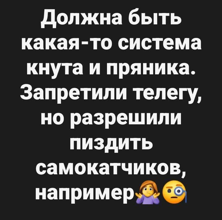 Должна быть какая-то система кнута и пряника. Запретили телегу, но разрешили пиздить самокатчиков, например. 🤷‍♀️🤓
