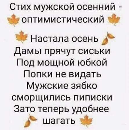 Стих мужской осенний оптимистический Настала осень Дамы прячут сиськи Под мощной юбкой Попки не видать Мужские зябко сморщипись пиписки Зато теперь удобнее шагать