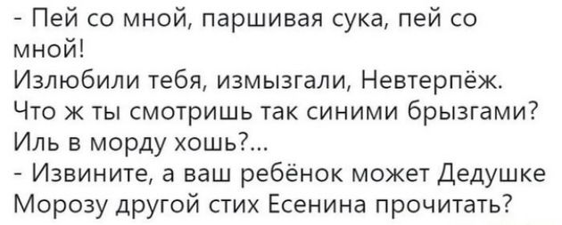 Пей со мной паршивая сука пей со мной Излюбили тебя измызгали Невтерпёж Что Ж ты смотришь так синими брызгами Иль в морду хошь Извините а ваш ребёнок может Дедушке Морозу другой стих Есенина прочитать