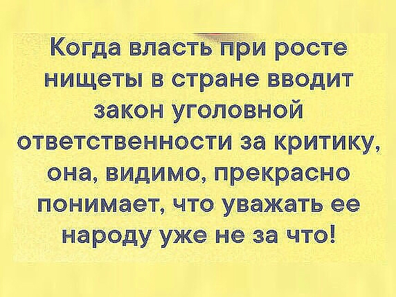 Когда власть при росте нищеты в стране вводит закон уголовной ответственности за критику она видимо прекрасно понимает что уважать ее народу уже не за что