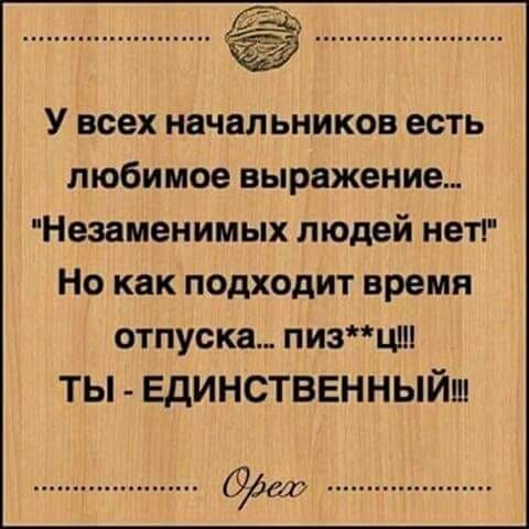 У всех начальников есть любимое выражение Незаменимых людей нет Но как подходит время отпуска пизц ТЫ ЕДИНСТВЕННЫЙ фддт