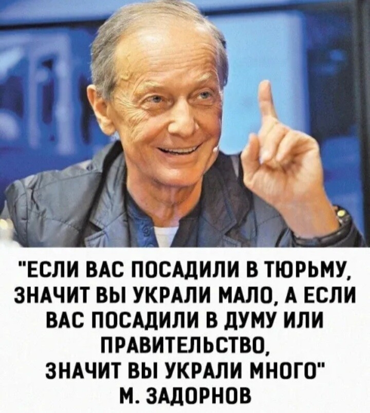 ЕСЛИ ВА ПОСАДИЛИ В ТЮРЬМУ ЗНАЧИТ ВЫ УКРАЛИ МАЛО А ЕСЛИ ВАС ПОСАДИЛИ В дУМУ ИЛИ ПРАВИТЕЛЬСТВО ЗНАЧИТ ВЫ УКРАЛИ МНОГО М ЗАДОРНОВ