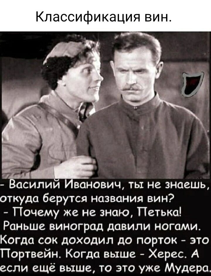 Классификация вин силии ванович ты не знаешь откуда берутся названия вин Почему же не знаю Петька Раньше виноград давили ногами Когда сок доходил до порток это Портвейн Когда выше Херес А если ещё выше то это уже Мудерп