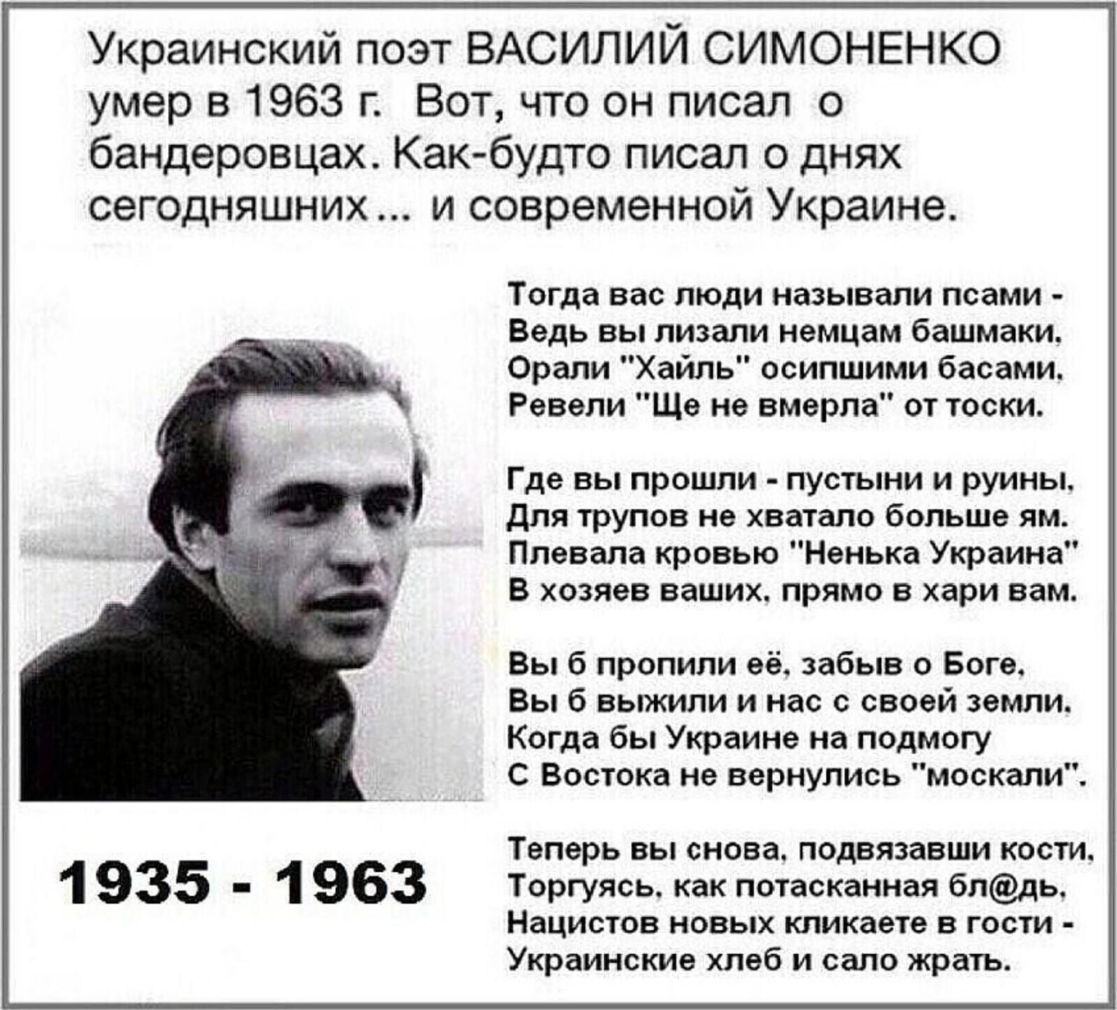 Украинский поэт ВАСИЛИЙ СИМОНЕНКО умер в 1963 г Вот что он писал о бандеровцах Как будто писал о днях сегодняшних и современной Украине 1935 1963 Тогда вас люди называли псами Ведь вы лизали немцам башмаки Орали Хайль осипшими басами Ревели Ще не вмерла от тоски Где вы прошли пустыни и руины Для трупов не хватало больше ям Плевала кровью Ненька Укр