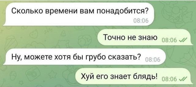 Сколько времени вам понадобитс 0806_ Точно не знаю о06 2 Ну можете хотя бы грубо сказать п Хуй его знает блядь 0