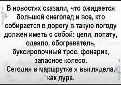 В новостях сказали что ожидается большой снегопад и все кто собирается в дорогу в такую погоду должен иметь с собой цепи лопату одеяло обогреватель буксировочный трос фонарик запасное колесо Сегодня в маршрутке я выглядела как дура