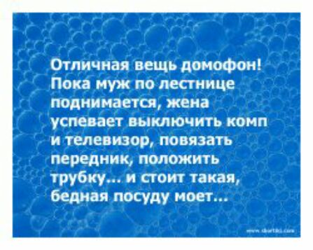 Отличная вещь домофон Пока муж по лестнице поднимается жена успевает выключить комп и телевизор повязать передних положить трубку и стоит такая бедная посуду ноет