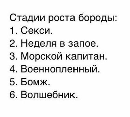 Стадии роста бороды 1 Секси 2 Неделя в запое 3 Морской капитан 4 Военнопленный 5 Бомж 6 Волшебник