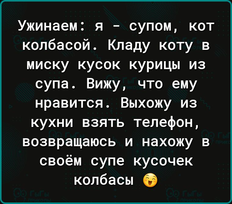 Ужинаем я супом кот колбасой Кпаду коту в миску кусок курицы из супа Вижу что ему нравится Выхожу из кухни взять телефон возвращаюсь и нахожу в своём супе кусочек колбасы