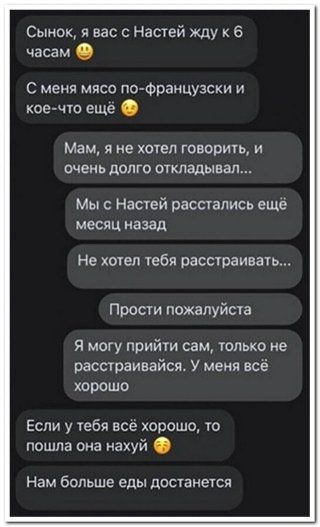 Сынок я вас с Настей жду 6 часам С меня мясо по Фраицузски и коечто ещё Мам Я не ХОТЕЛ ГОВОРИТЬ И ОЧЕНЬ дОПГО откладывал Мы Настей расстались еще месяц назад Не хотел тебя расстраивать Прости пожалуйста Я могу прийти сам только не расстраивайся У меня всё хорошо Если у тебя всё хорошо то пошла она нахуй Нам больше еды досуанеуся