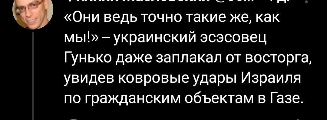Они ведь точно такие же как мы украинский зоэсовец Гунько даже заплакал от восторга увидев ковровые удары Израиля по гражданским объектам в Газе
