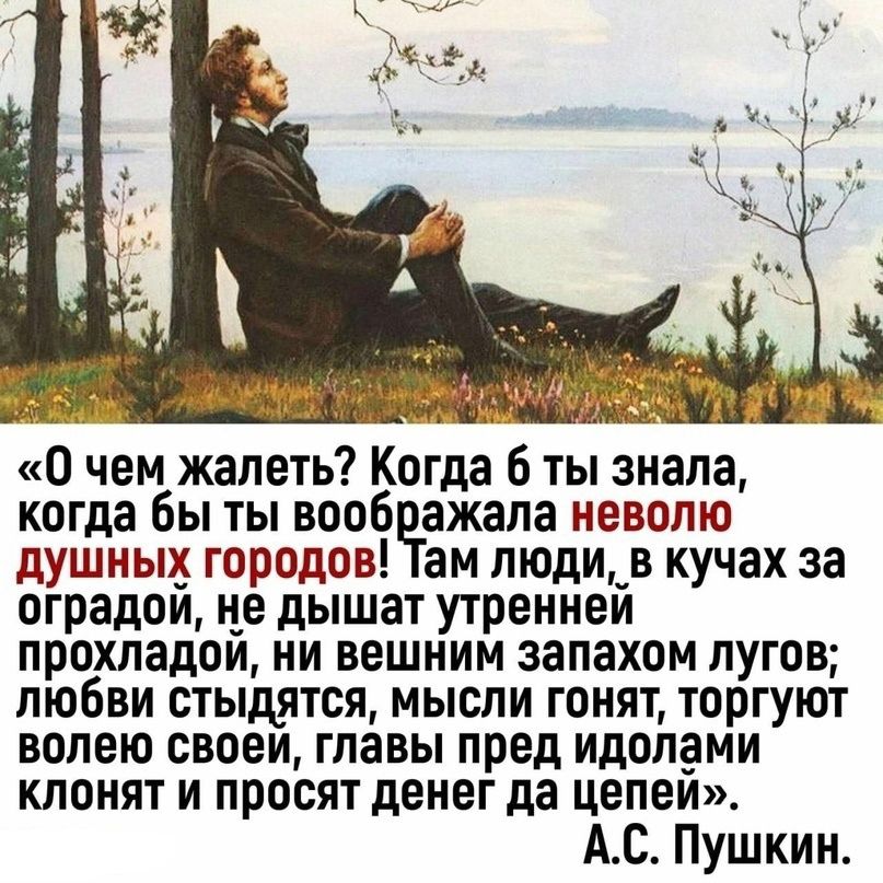 Шм О чем жалеть Когда 6 ты знала когда бы ты вооб ажапа неволю душных городов ам люди_в кучах за оградои н_е дышат утреннеи прохладои ни вешним запахом лугов любви стыдятся мысли гонят торгуют волею своеи главы пред идолдми клонят и просят денег да цепеи АС Пушкин