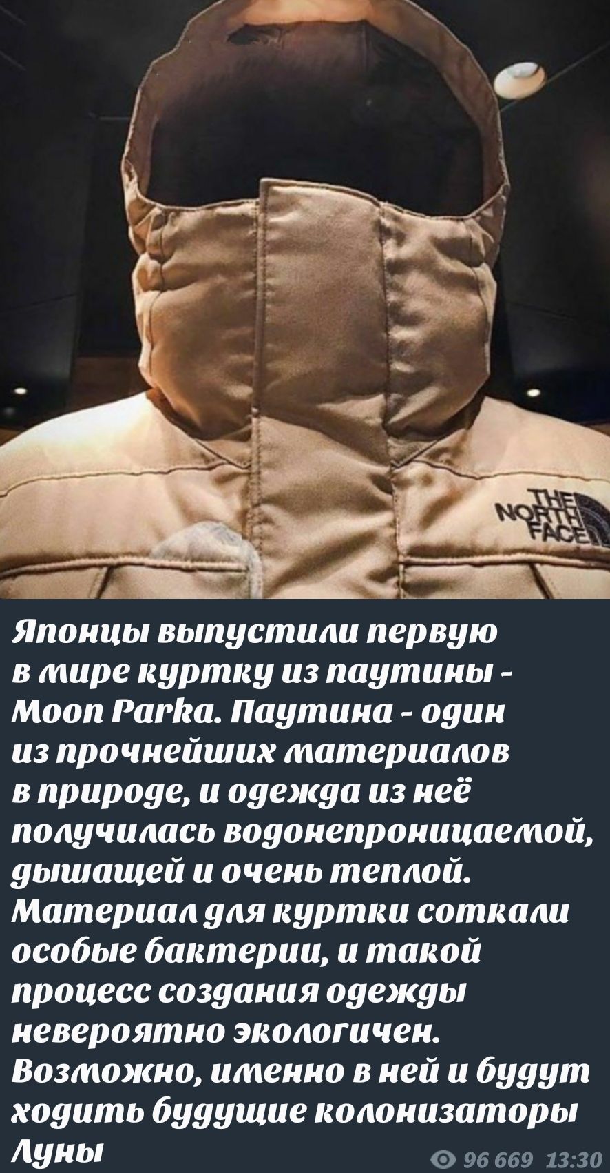 Японцы выпустили первую в мире куртку из паутины Мооп Рагйка Паутина один из прочнейших материалов вприроде и одежда из неё получилась водонепроницаетой дышащей и очень теплой Материал для куртки соткали особые бактерии и такой процесс создания одежды невероятно экологичен Возтможно итменно в ней и будут ходить будущие колонизаторы Луны 96 669 1330