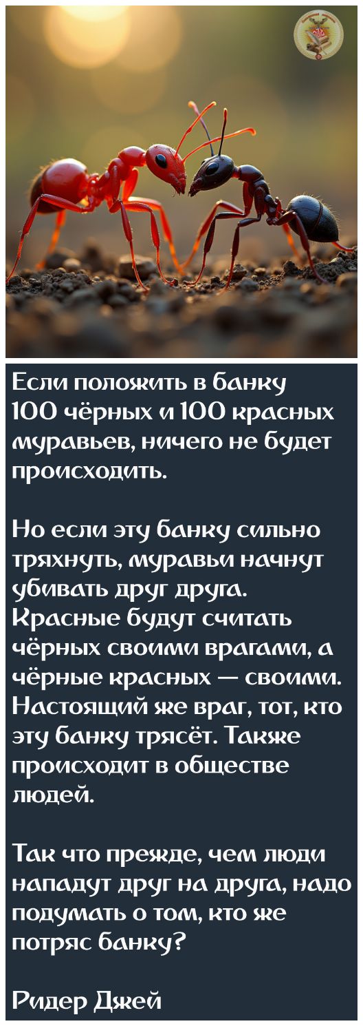 Если полоягить в банку 100 чёрных и 100 красных муравьев ничего не будет происходить Но если эту банку сильно тряхнуть муравьи начнут убивать друг друга Красные будут считать чёрных своими врагами а чёрные красных своими Настоящий яге враг тот кто эту банку трясёт Такяге происходит в обществе людей Так что преягде чем люди нападут дрчуг на дрчга на