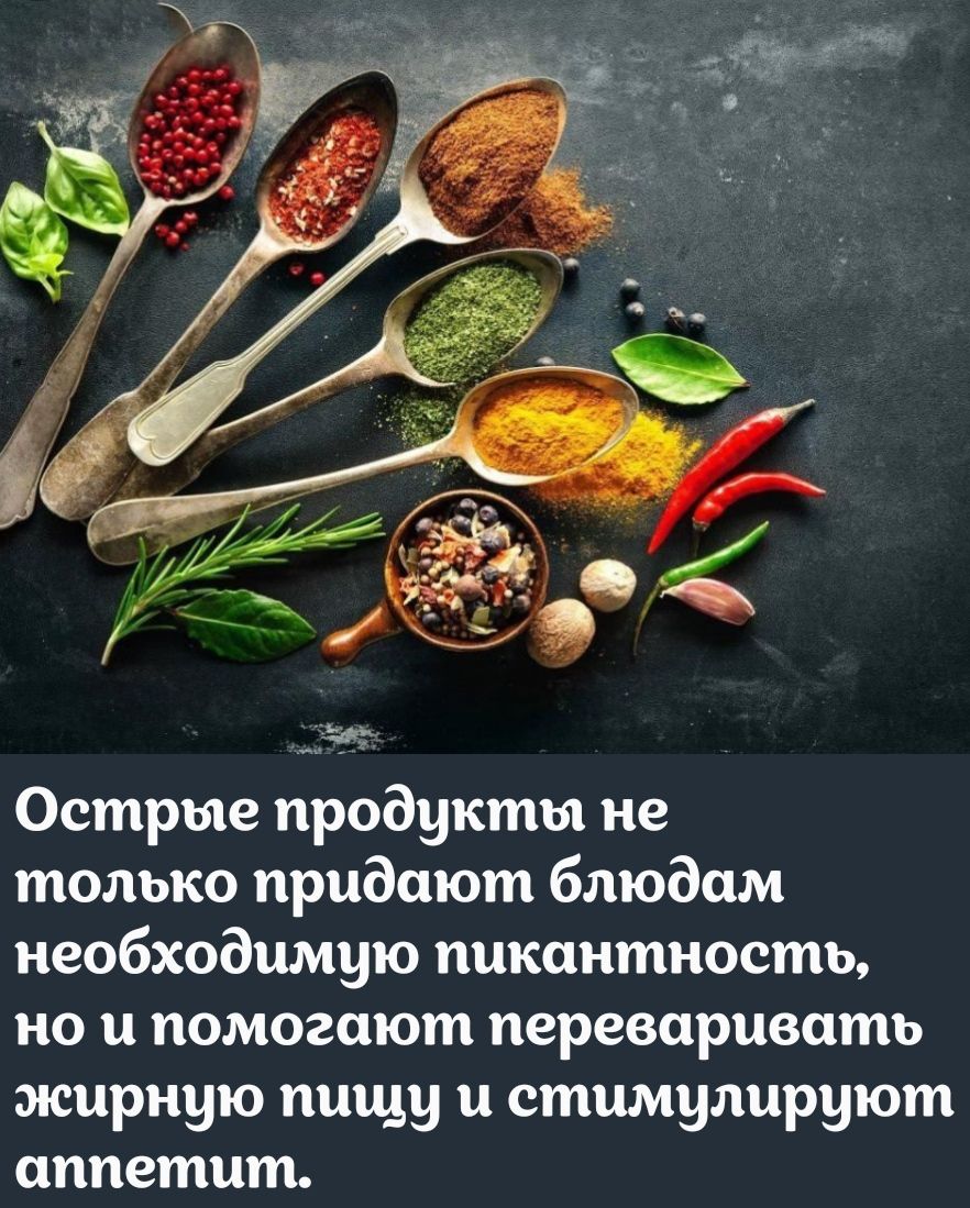 Острые продукты не только придают блюдам необходимую пикантность но и помогают переваривать эжирную пищу и стимулируют аппетит