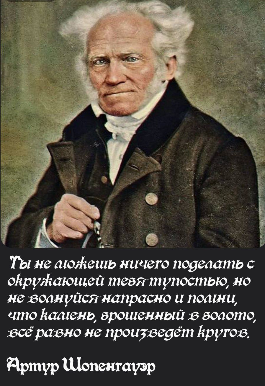 Ты не любишь ничего поделать с окружающей тебя тупостью, но не волнуйся напрасно и спокойно, что калень, брошенный в золото, все равно не произведет кругов.
Артур Шопенгауэр