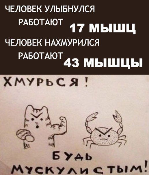 Человек улыбнулся
Работают 17 мышц
Человек нахмурился
Работают 43 мышцы

Хмурься!
Будь мускулистым!