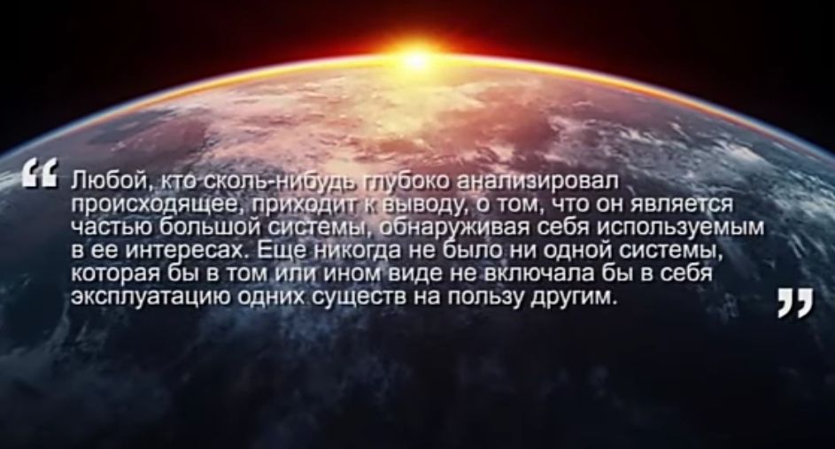 Любой, кто сколько-нибудь глубоко анализировал происходящее, приходит к выводу, о том, что он является частью большой системы, обнаруживая себя используемым в её интересах. Ещё никогда не было ни одной системы, которая бы в том или ином виде не включала бы в себя эксплуатацию одних существ на пользу другим.