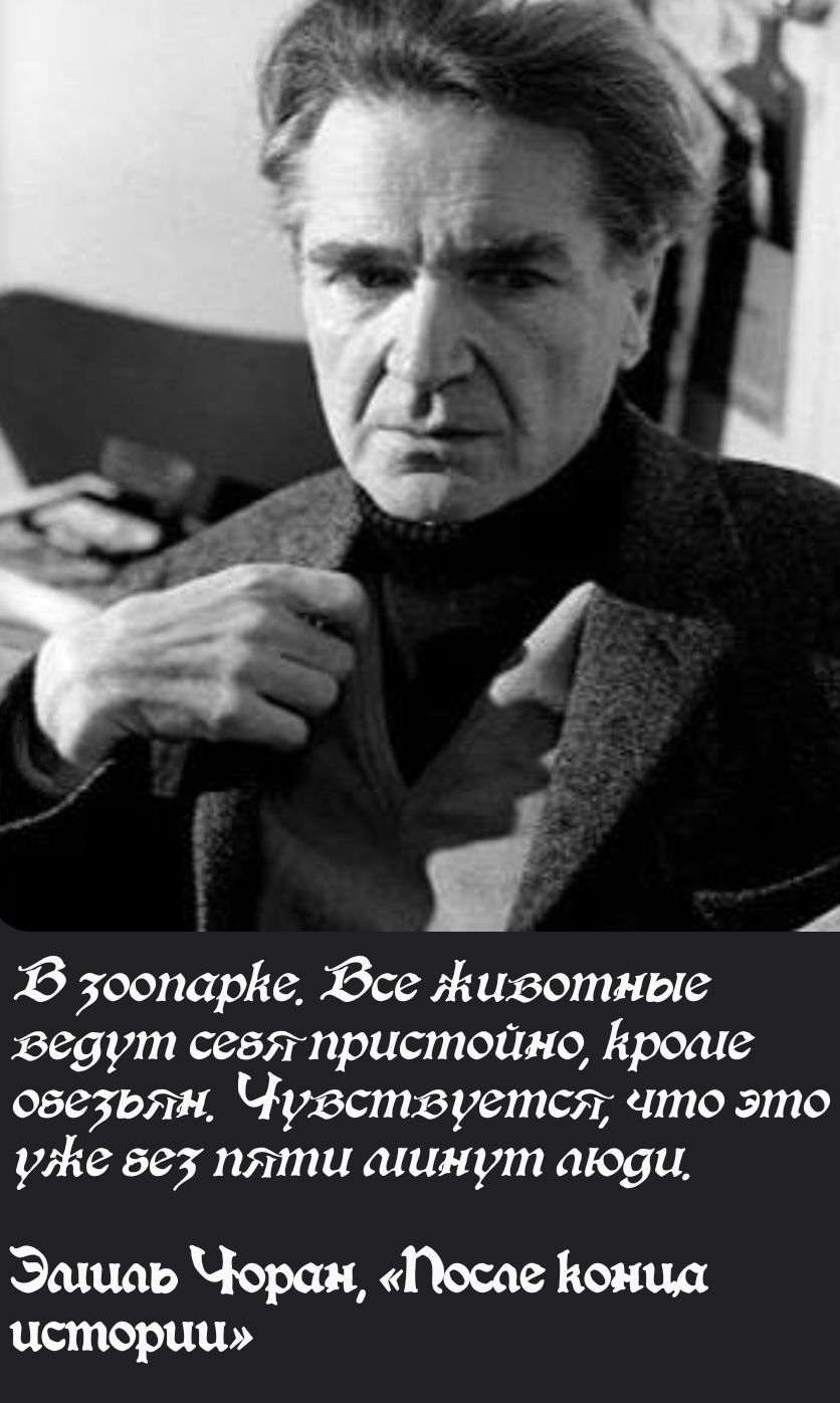 В зоопарке. Все животные ведут себя пристойно, кроме обезьян. Чувствуется, что это уже без пяти минут люди.
Эмиль Чоран, «После конца истории»