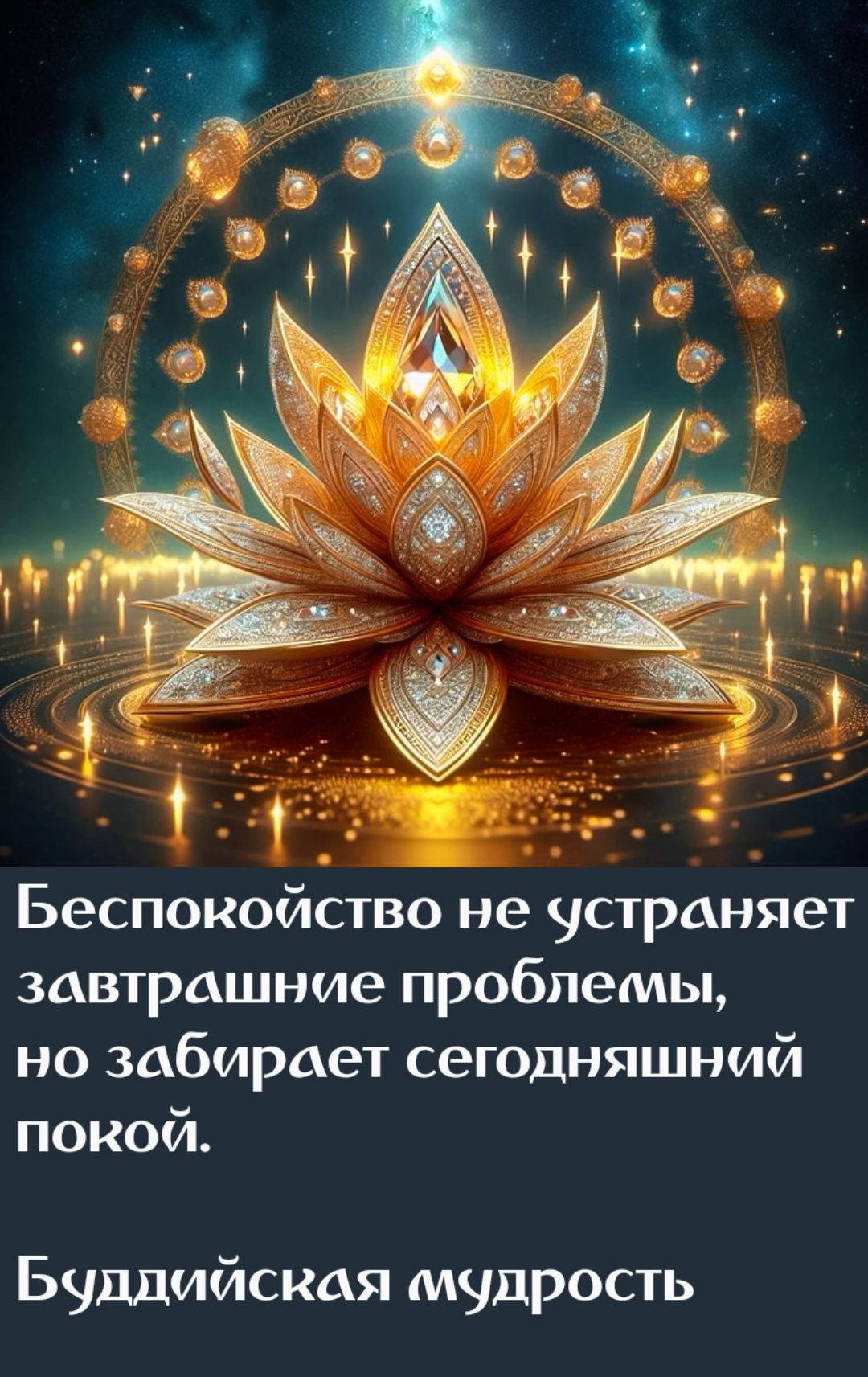 Беспокойство не устраняет завтрашние проблемы, но забирает сегодняшний покой.
Буддийская мудрость