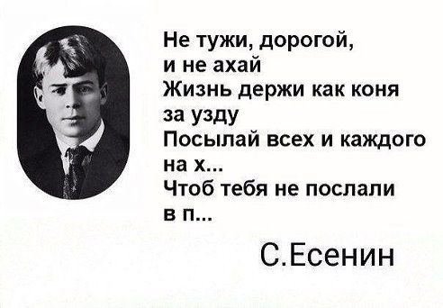 Не тужи, дорогой,
и не ахай
Жизнь держи как коня
за узду
Посылай всех и каждого
на х...
Чтоб тебя не послали
в п...

С.Есенин