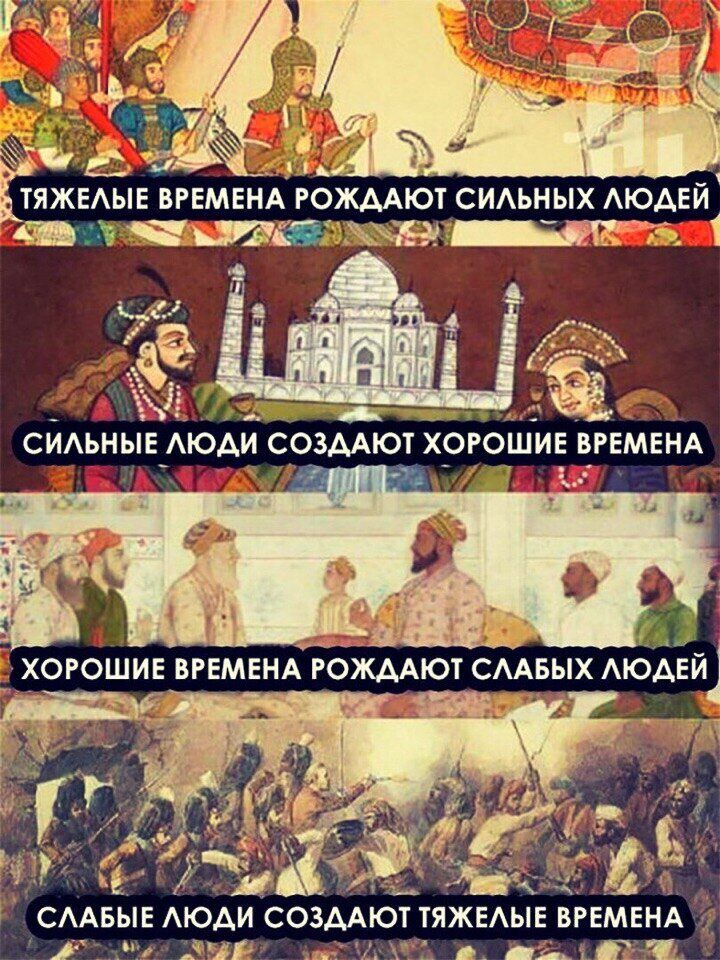 Тяжёлые времена рождают сильных людей. Сильные люди создают хорошие времена. Хорошие времена рождают слабых людей. Слабые люди создают тяжёлые времена.
