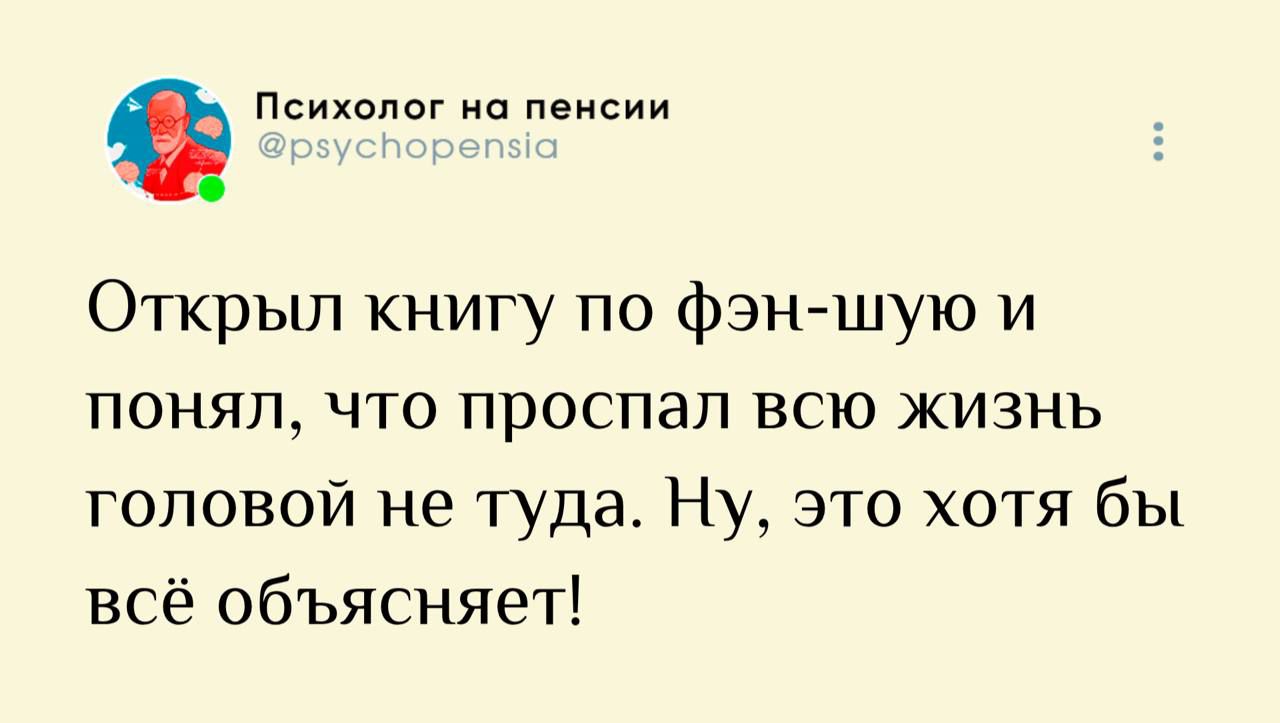Открыл книгу по фэн-шую и понял, что проспал всю жизнь головой не туда. Ну, это хотя бы всё объясняет!