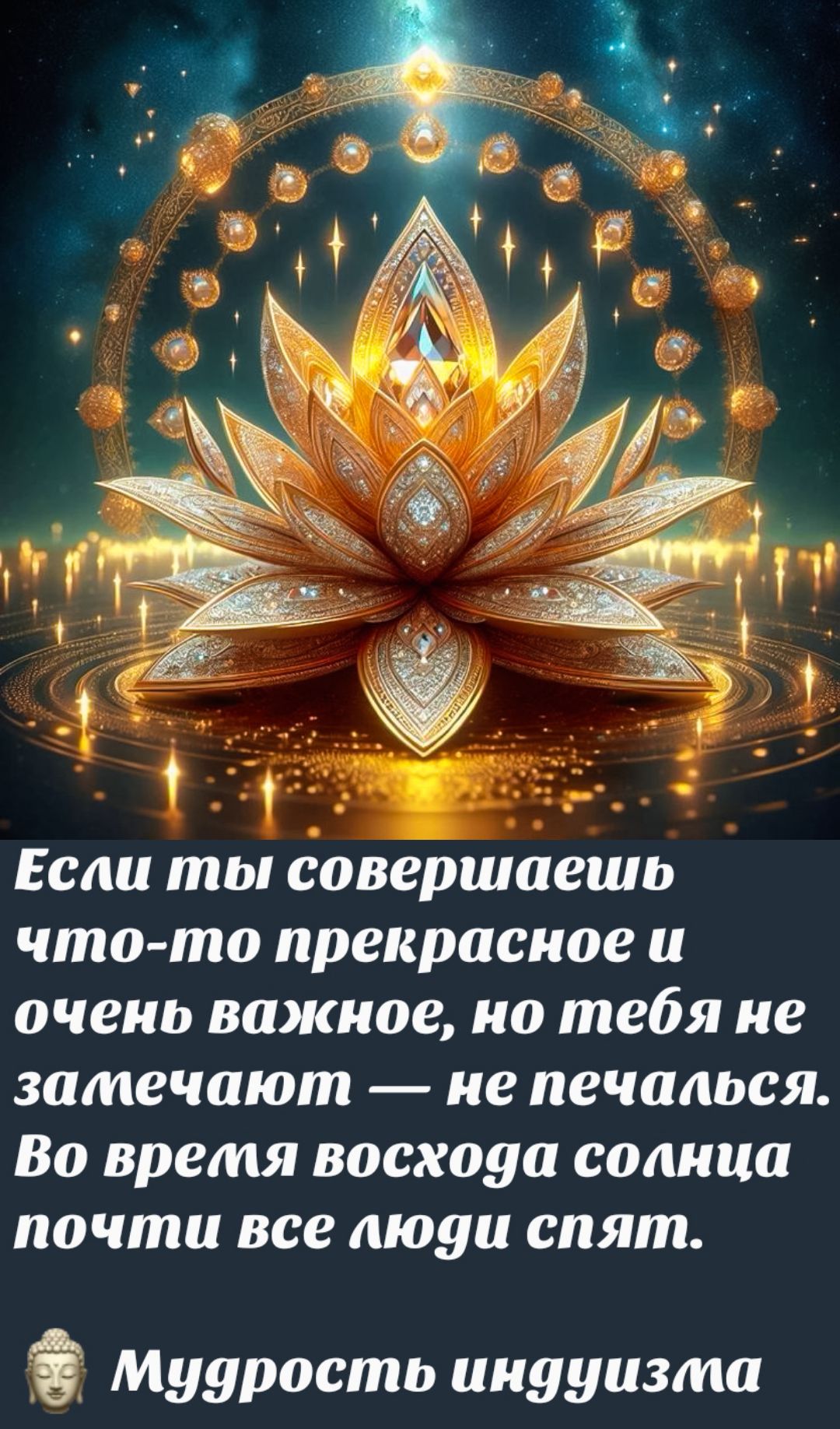 Если ты совершаешь что-то прекрасное и очень важное, но тебя не замечают — не печалься. Во время восхода солнца почти все люди спят.

Мудрость индуизма