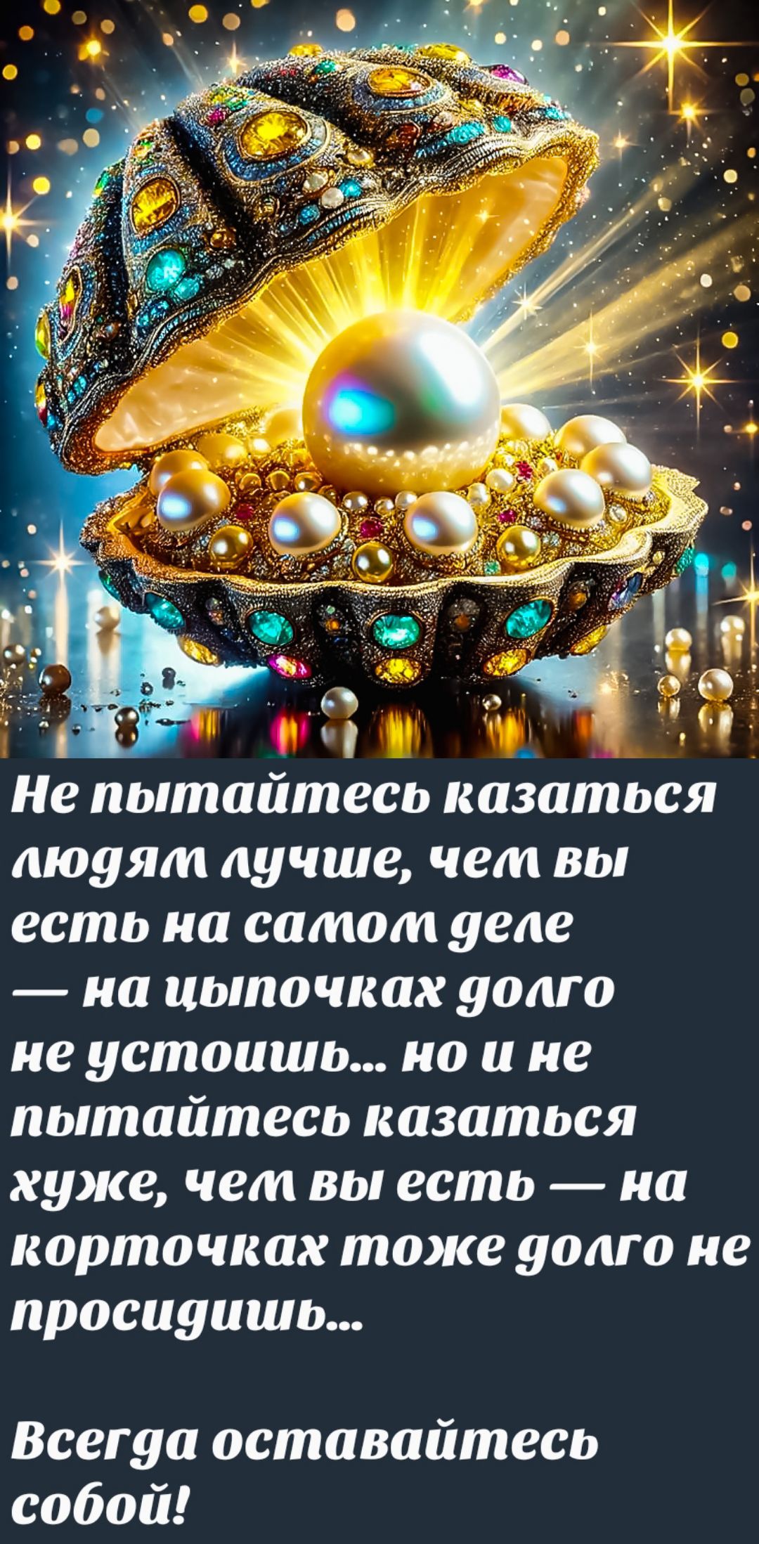 Не пытайтесь казаться людям лучше, чем вы есть на самом деле — на цыпочках долго не устоишь... но и не пытайтесь казаться хуже, чем вы есть — на корточках тоже долго не просидишь...
Всегда оставайтесь собой!