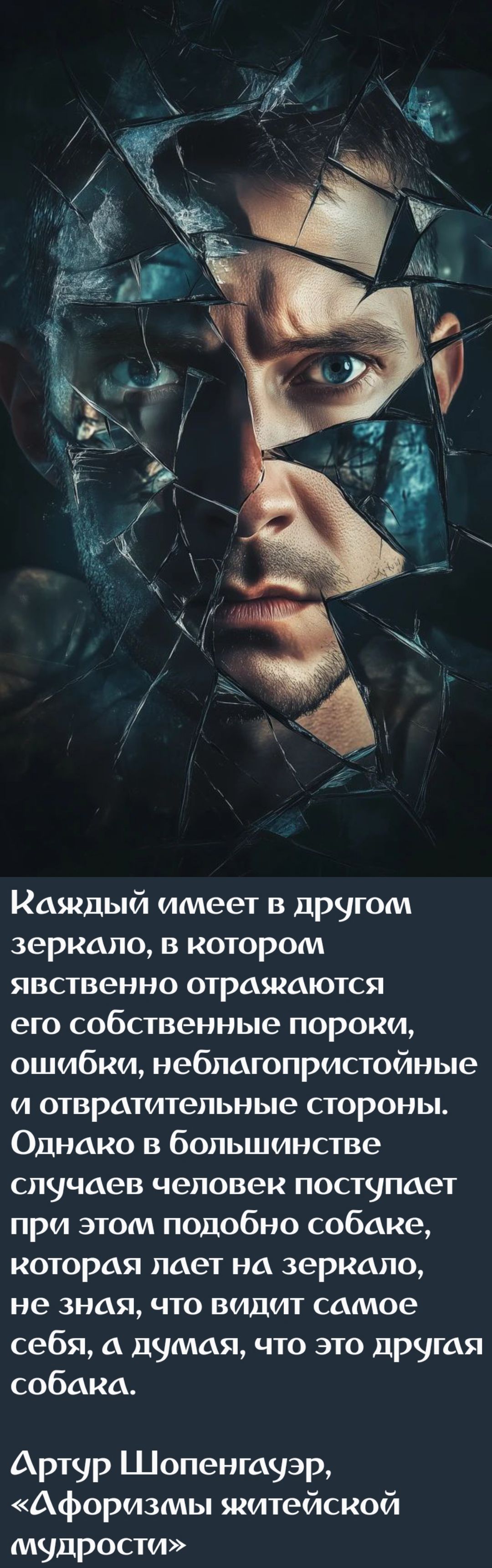 Каждый имеет в другом зеркале, в котором явно отражаются его собственные пороки, ошибки, неблагопристойные и отвратительные стороны. Однако в большинстве случаев человек поступает при этом подобно собаке, которая летит на зеркало, не зная, что видит самое себя, а думая, что это другая собака.

Артур Шопенгауэр, «Афористмы житейской мудрости»