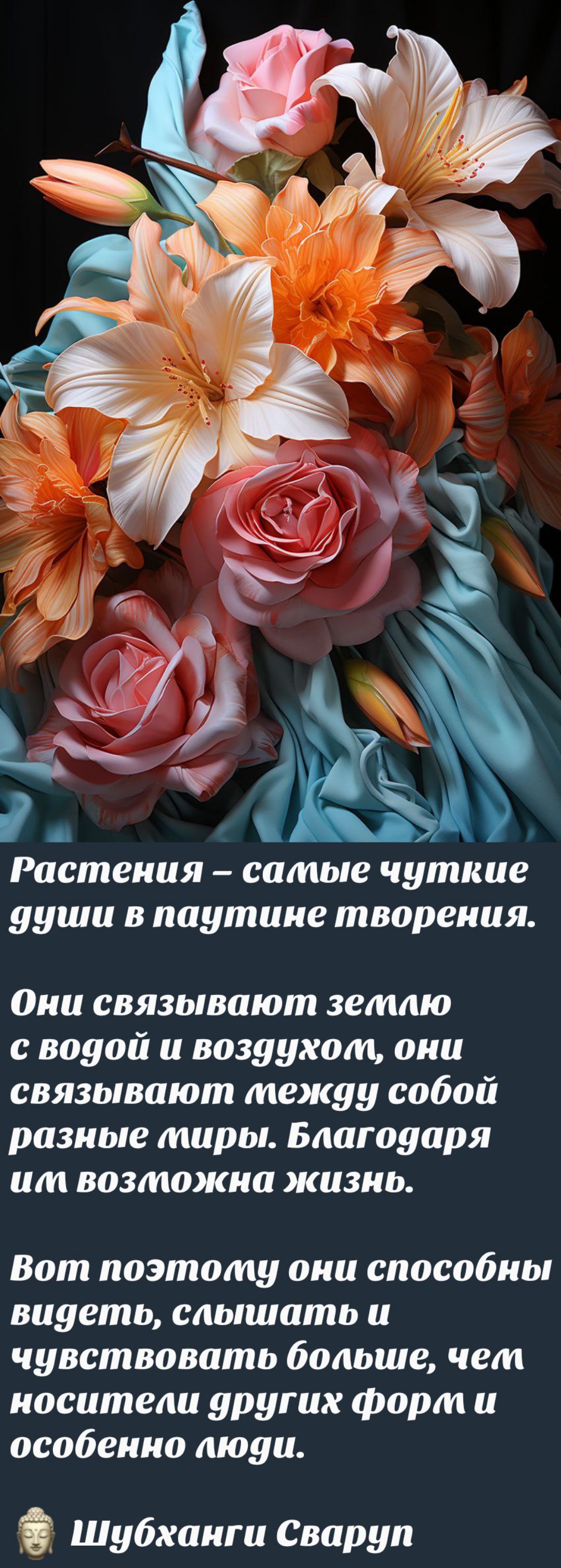 Растения – самые чуткие души в паутине творения. Они связывают землю с водой и воздухом, они связывают между собой разные миры. Благодаря им возможна жизнь. Вот поэтому они способны видеть, слышать и чувствовать больше, чем носители других форм и особенно люди. Шубханги Сваруп