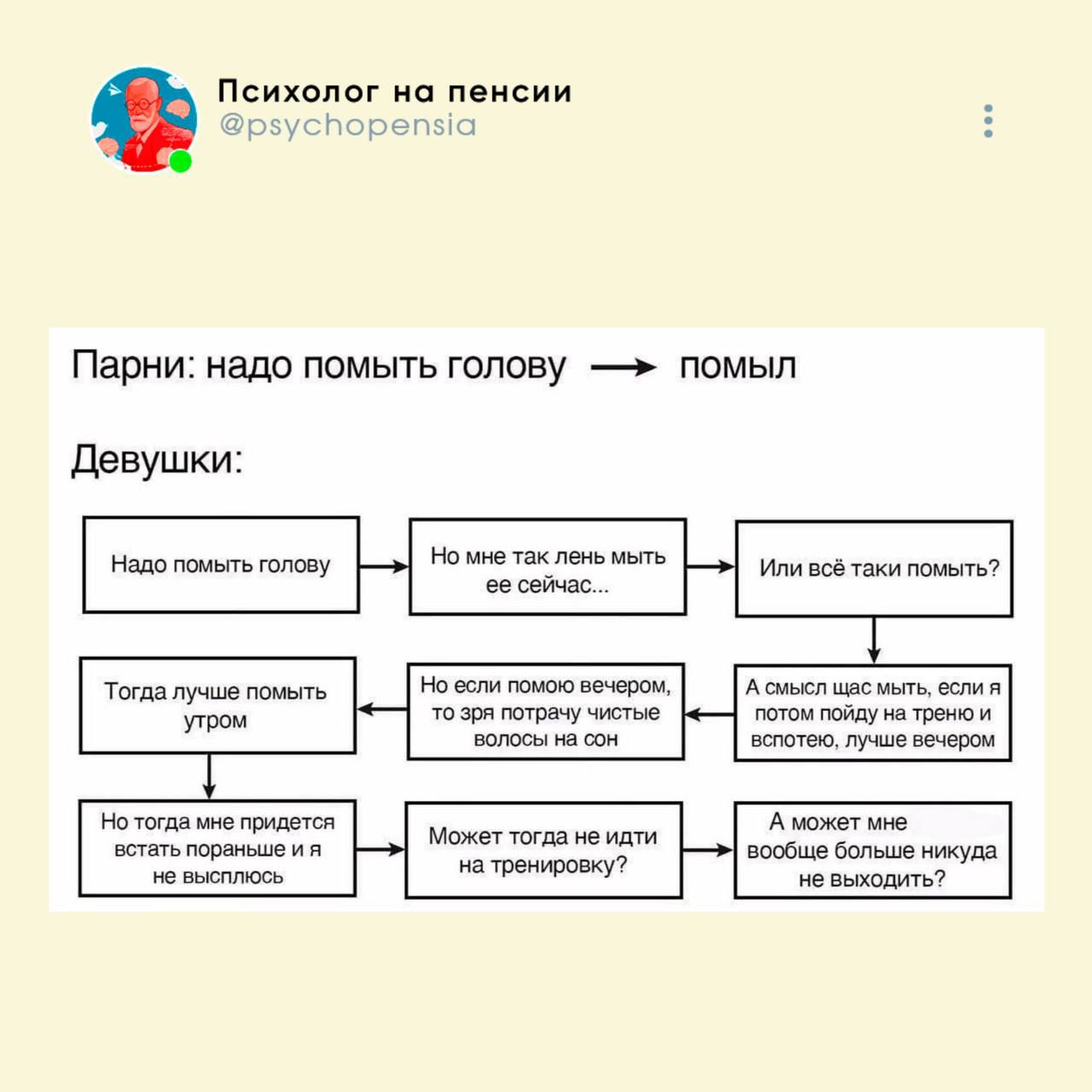 Парни: надо помыть голову → помыл. Девушки: Надо помыть голову. Но мне так лень мыть её сейчас... Или всё таки помыть? Тогда лучше помыть утром. Но если помою вечером, то зря потрачу чистые волосы на сон. Может тогда не идти на тренировку? А может мне вовсе больше нигде не выходить?