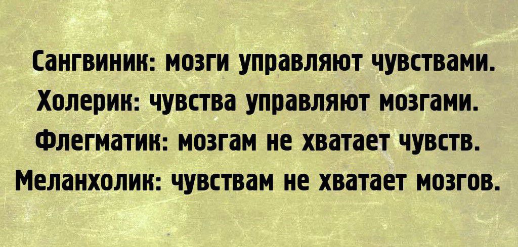 Сангвиник: мозги управляют чувствами. Холерик: чувства управляют мозгами. Флегматик: мозгам не хватает чувств. Меланхолик: чувствам не хватает мозгов.