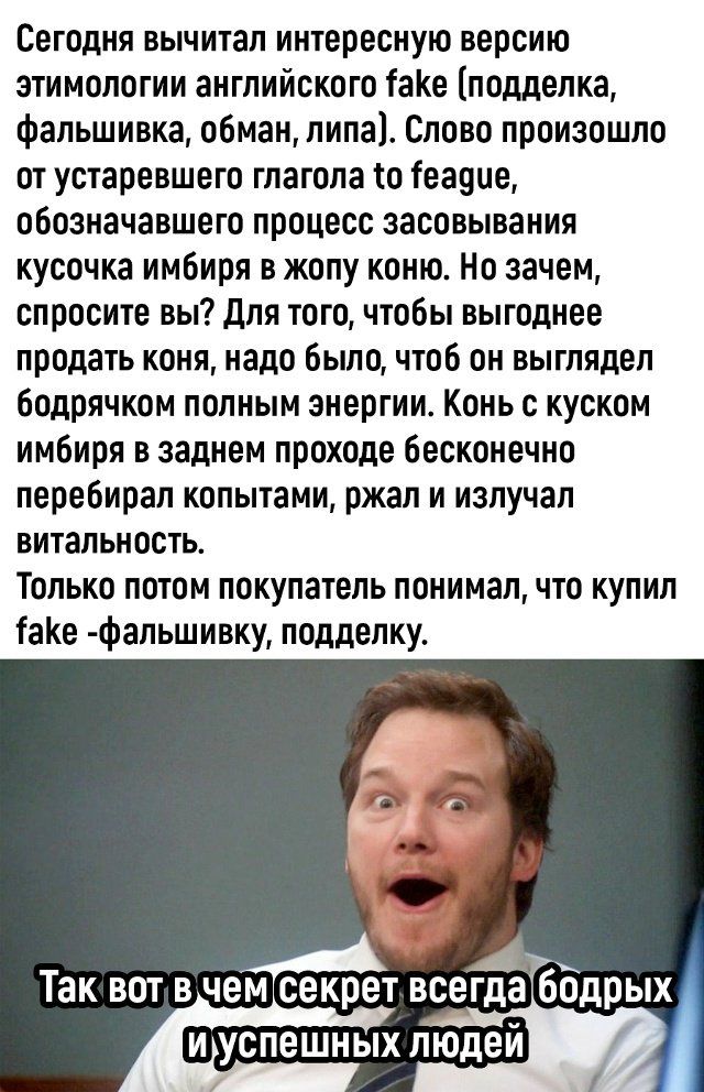 Сегодня вычитал интересную версию этимологии английского fake (подделка, фальшивка). Слово произошло от устаревшего глагола to feague, означавшего процесс засовывания кусочка имбиря в жопу коню. Но зачем, спросите вы? Чтобы конь выглядел бодрячком и продавался дороже. Так вот секрет всегда бодрых и успешных людей.