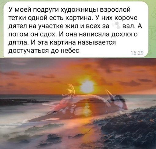 У моей подруги художницы взрослой тетки одной есть картина. У них короче дятел на участке жил и всех завал. А потом он сдох. И она написала дохлого дятла. И эта картина называется достучаться до небес