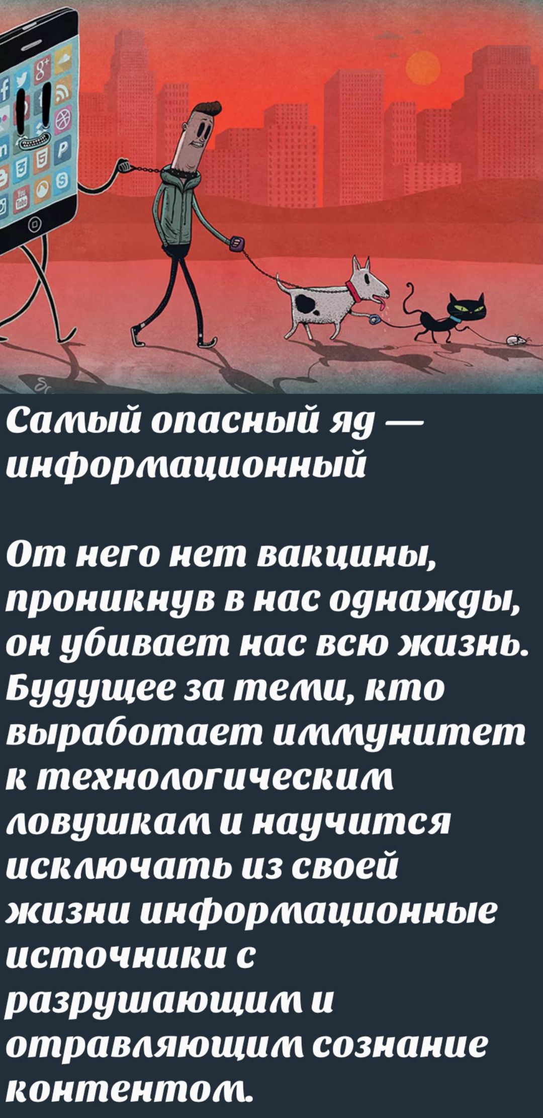 Самый опасный яд — информационный. От него нет вакцины, проникнув в нас однажды, он убивает нас всю жизнь. Будущее за теми, кто выработает иммунитет к технологическим ловушкам и научится исключать из своей жизни информационные источники с разрушающим и отравляющим сознание контентом.