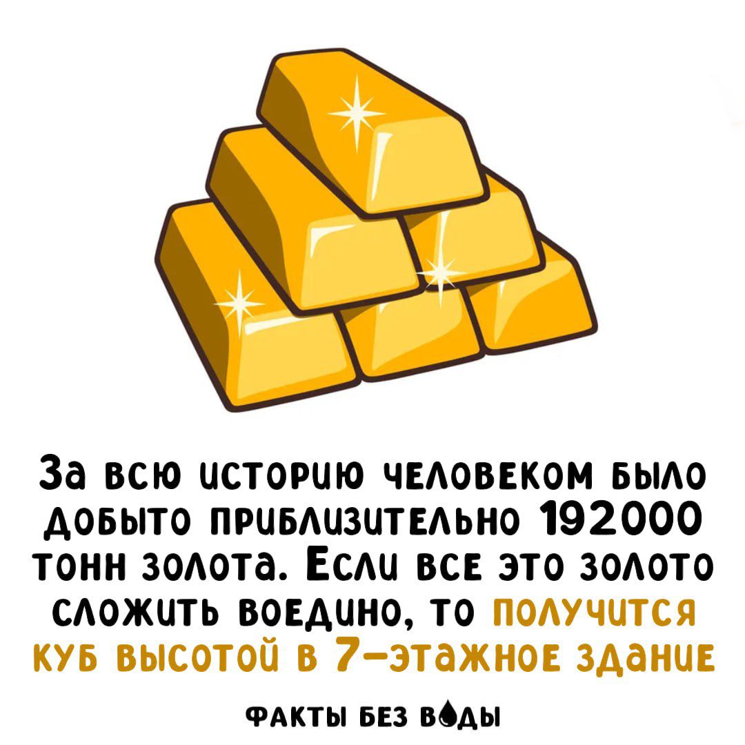 За всю историю человекa было добыто приблизительно 192000 тонн золота. Если всё это золото сложить в едино, то получится куб высотой в 7-этажное здание. ФАКТЫ БЕЗ ВОДЫ