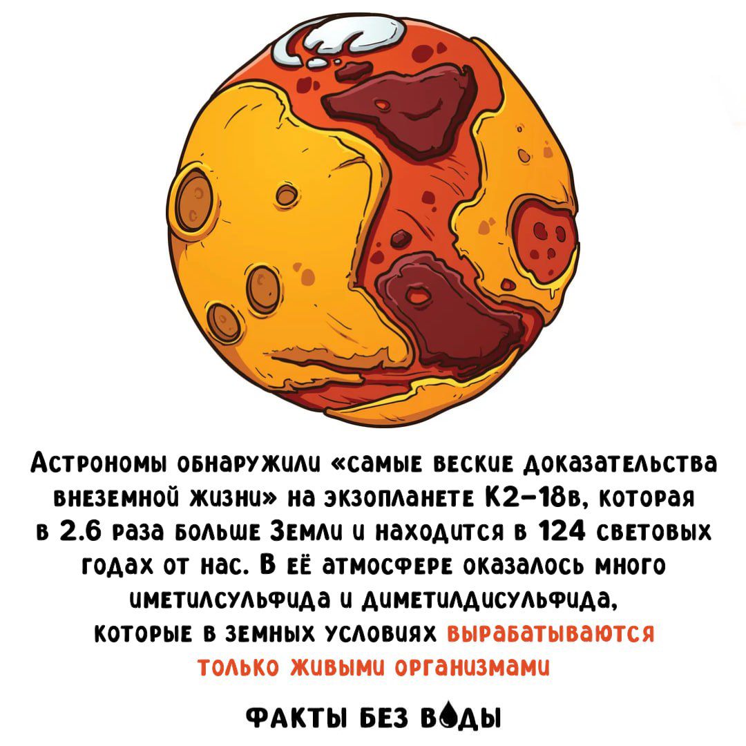 Астрономы обнаружили «самые веские доказательства внеземной жизни» на экзопланете K2-18b, которая в 2.6 раза больше Земли и находится в 124 световых годах от нас. В её атмосфере оказалось много диметилсульфида и диметилдисульфида, которые в земных условиях вырабатываются только живыми организмами. ФАКТЫ БЕЗ ВОДЫ