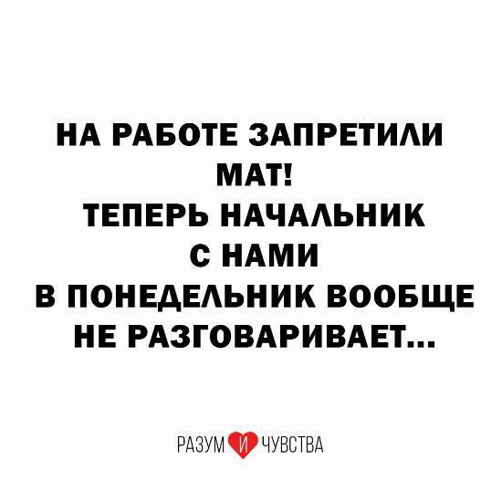 НА РАБОТЕ ЗАПРЕТИАИ МАТ ТЕПЕРЬ НАЧААЬНИК с НАМИ В ПОНЕАЕАЬНИК ВООБЩЕ НЕ РАЗГОВАРИВАЕТ РАЗУМФЧУВСТВА