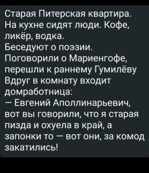 Старая питерская квартира. На кухне сидят люди. Кофе, ликёр, водка. Беседуют о поэзии. Поговорили о мариенгофе, перешли к раннему гумилёву вдруг в комнату входит домработница:  евгений аполлинарьевич, вот вы говорили, что я старая пизда и охуела в край, а запонки то  вот они, за комод закатились!