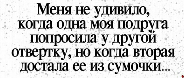 Меня не удивило когда одна моя подруга попросила у другои отвертку но когда вторая достала ее из сумоъши