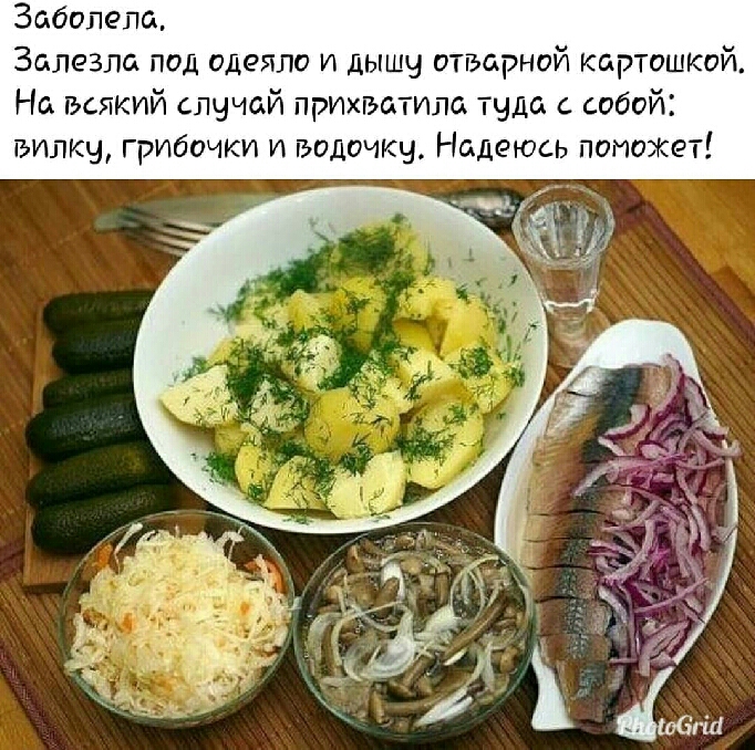 Заболела Залезпа под одеяло и дышу отварной картошкой На всякий слччай прихватила шла с собой вилку грибочки и водочку Надеюсь поиохет