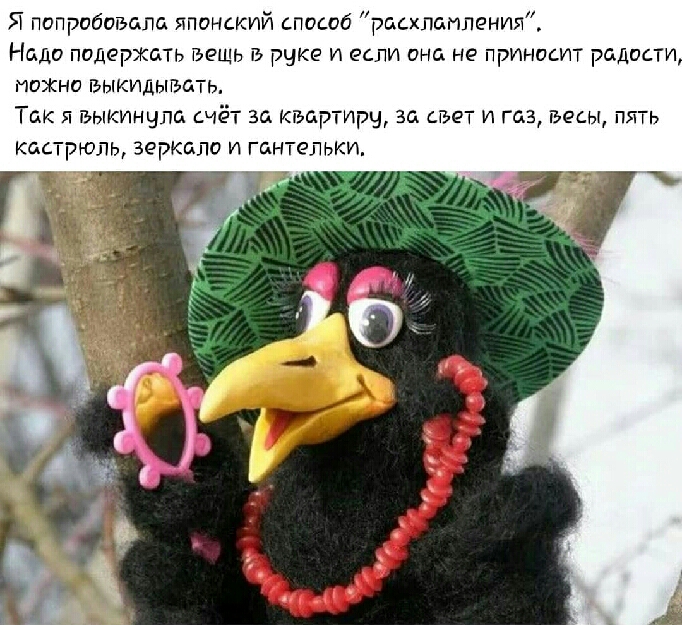 Я попробовала японский спосод рпсхпцпления Надо подержать вещь гэ руке и если она не приносит радости МОЖНО БЫКИДЫГЪЙТ Так я гьыкинчла сча за квартирн 56 Цвет и газ Бесы пять кастрюль зеркало и гантельки