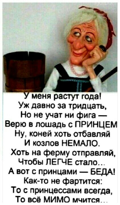 меня растут года Уж давно за тридцать Но не учат ни фига Верю в лошадь с ПРИНЦЕм Ну коней хоть отбавляй И козлов НЕМАЛО Хоть на ферму отправляй Чтобы ПЕГЧЕ стало А вот принцами БЕДА Как то не фартится То принцессами всегда То всё МИМО мчится