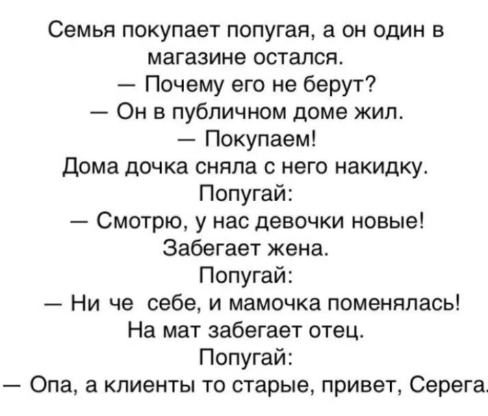 Семья покупает попугая а он один в магазине остался Почему его не берут Он в публичном доме жил Покупаем Дома дочка сняла с него накидку Попугай Смотрю у нас девочки новые Забегает жена Попугай Ни че себе и мамочка поменялась На мат забегает отец Попугай Опа а клиенты то старые привет Серега