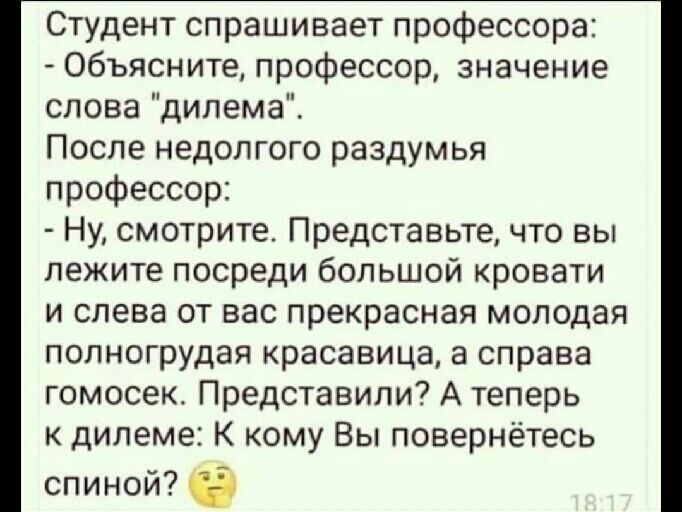 Студент спрашивает профессора Объясните профессор значение слова дилема После недолгого раздумья профессор Ну смотрите Представьте что вы лежите посреди большой кровати и слева от вас прекрасная молодая полногрудая красавица а справа гомосек Представили А теперь к дилеме К кому Вы повернётесь спиной