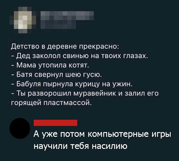 Детство в деревне прекрасно Дед заколол свинью на твоих глазах Мама утопипа котят Батя свернул шею гусю Бабуля пырнупа курицу на ужин Ты разворошип муравейник и залил его горящей пластмассой _ А уже потом компьютерные игры научили тебя насилию