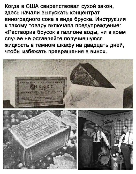 Когда в США свирепствовал сухой закон здесь начали выпускать концентрат виноградного сока в виде бруска Инструкция к такому товару вкпючала предупреждение Растворив брусок в галлоне воды ни в коем случае не оставляйте получившуюся жидкость в темном шкафу на двадцать дней чтобы избежать превращения в вино