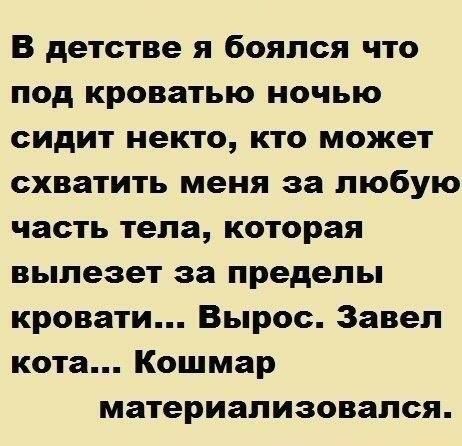 В детстве я боялся что под кроватью ночью сидит некто кто может схватить меня за любую часть тела которая вылезет за пределы кровати Вырос Завел кота Кошмар материализовался